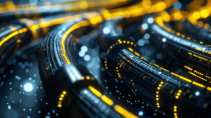 Close-Up of Data Cables in a Server Rack, Illuminated by Vibrant Blue and Green Lights, Representing High-Speed Internet Connectivity and Advanced Technology Infrastructure