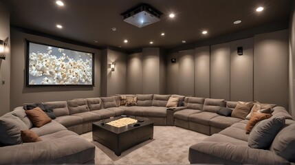 Premium comfortable home theater with a sectional sofa, a projector, and a popcorn machine. Side view