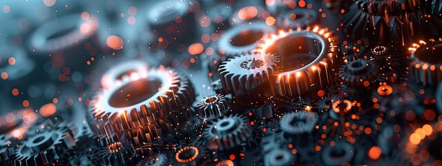 Futuristic Glowing Gears in a Mechanized Abstract Background - obrazy, fototapety, plakaty