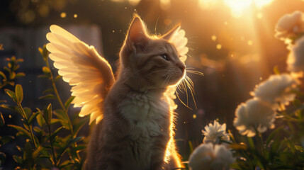 A cat with angel wings sitting outdoors in the warm glow of sunset, surrounded by flowers. Symbolizing innocence, purity, and the enchanting beauty of nature. A serene and magical scene capturing the 