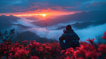Obraz premium A captivating image of a photographer crouching low to the ground, capturing a breathtaking sunrise over a misty mountain range, their silhouette outlined against the vibrant hues