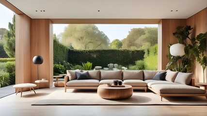 A minimalist wood-lined living room overlooking a lush garden outside  - obrazy, fototapety, plakaty