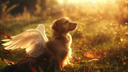 A dog with angel wings basking in the warm glow of sunset, surrounded by nature. Symbolizing innocence, purity, and the enchanting beauty of the natural world. A serene and magical scene capturing the