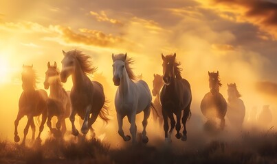 Beautiful wild horses running in the field at sunset. Graceful Horses Galloping in the Evening