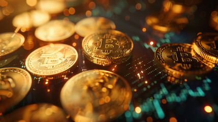 Golden coins with economic charts and one gold coin prominently displaying the Bitcoin symbol. This image captures the essence of cryptocurrency, financial growth, and digital economy. Highlighting th