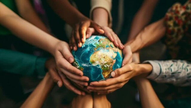  Illustrate unity and diversity with diverse hands holding a globe, symbolizing teamwork, racial equality, and multicultural collaboration towards shared global objectives. Ideal for inclusive divers