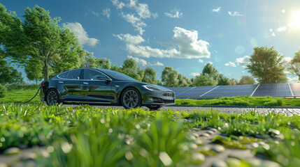 Electric Car Charging at a Solar Power Station on a Sunny Day