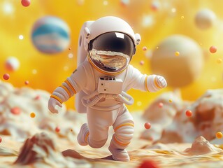 Astronaut Among Colorful Spheres in Whimsical Sky - obrazy, fototapety, plakaty