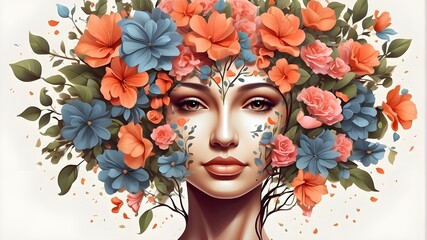 Illustration of a human face tree with flowers, self-care and mental health concept, optimistic outlook, and creative mind. Artificial Intelligence - obrazy, fototapety, plakaty
