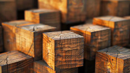 Close up of wooden cubes. Detailed view of stacked wooden cubes, emphasizing the texture and geometric patterns of the wood. AI generative..