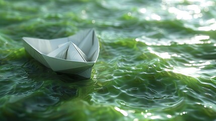 Fototapeta premium A surreal image of a white paper boat floating on a green biofuel liquid, visualizing alternative fuels