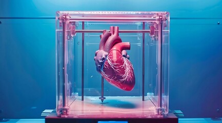 Obraz na płótnie Canvas 3D printer creates a biopunk-style heart organ with blue backlight, against the background of a hyperrealistic and detailed future laboratory, shown from a frontal angle.