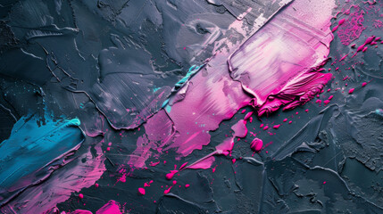 Close-Up of an Abstract Neon Pink and Blue Painting with Textured Strokes, Showcasing Bold and Vibrant Artistic Expression