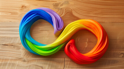 Colorful Infinity Symbol Made of Plasticine on a Wooden Surface, Representing Creativity and Endless Possibilities