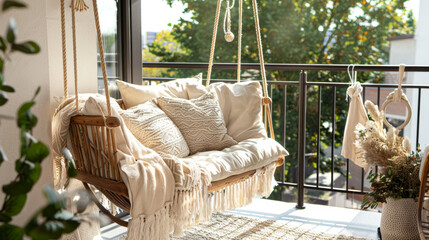Cozy Hanging Sofa Chair on Balcony with Bohemian Style Cushions and Throws. Sunlit Relaxation Spot with Greenery View. Ideal for Modern Outdoor Living and Boho Chic Interior Design.