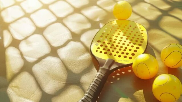 3D representation of padel rackets and ball on a padel court, highlighting an active and healthy lifestyle. Perfect for sports enthusiasts and fitness-focused content.
