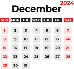 December 2024 monthly calendar design in clean look