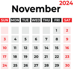 November 2024 monthly calendar design in clean look