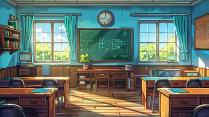 A classroom with a green chalkboard and a clock on the wall. The room is empty and has a bright blue color