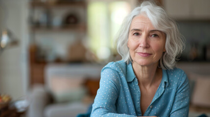 Portrait of an Older Woman with White Hair Wearing a Blue Polka Dot Shirt, Sitting Comfortably in a Warmly Lit Home Environment, Exuding Wisdom and Serenity