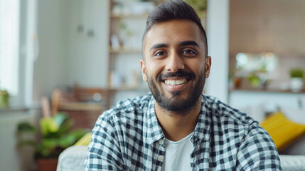 Young Indian Man with Short Hair and Beard Smiling Confidently in a Modern Living Room, Exuding Warmth and Positivity
