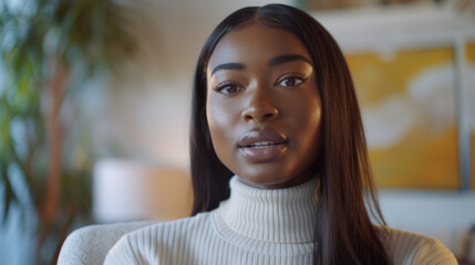 Young Woman with Straight Hair Wearing an Off-White Turtleneck in a Cozy Modern Living Room, Radiating Confidence and Elegance