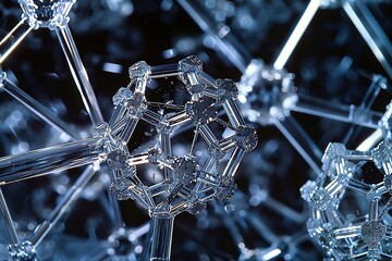 A crystal lattice on a microscopic scale. The atoms are arranged in a precise geometric structure. Surrounding atomic structures and bond formation.