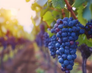 Sustainable Organic Grape Vineyard in Idyllic Countryside Landscape with Lush Foliage and Ripe Purple Grape Clusters