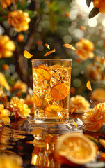 Glass of whiskey with flying slices of orange on background of nature