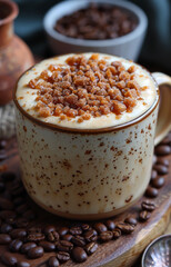 Cup of cappuccino with coffee beans