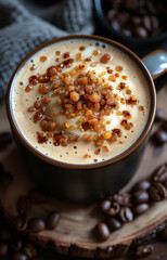 Cup of cappuccino with foam and caramelized sugar on top