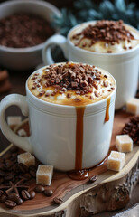 Two cups of hot chocolate with whipped cream caramel sauce chocolate chips and coffee beans on wooden board