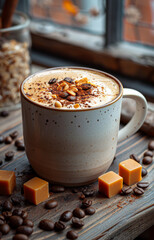 Cup of cappuccino with chocolate caramel and nuts