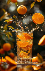 Slices of orange fall into glass with splashing water