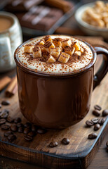Cup of cappuccino with chocolate caramel and cinnamon