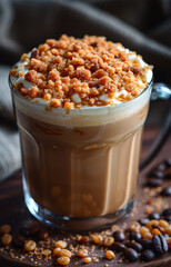 Glass of caramel latte with whipped cream and caramel topping