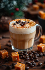 Glass of latte with caramel and coffee beans on wooden table