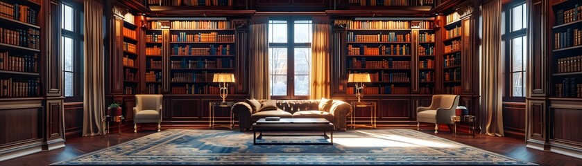 Naklejka premium Luxurious and Expansive Home Library with Rich Wood Paneling and Vast Collection of Classic Literature