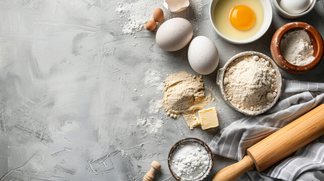 Top view of a gray background with culinary ingredients, flour, eggs, oils and kitchen textiles. Copy space. Baking ingredients. Cooking concept.