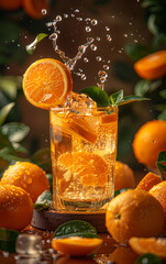 Fresh orange juice splashing into glass and fresh oranges on wooden table