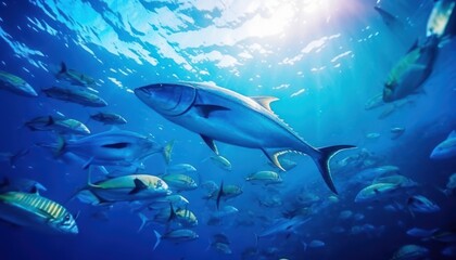 Fototapeta premium Groups of giant Tuna fish in the underwater, coral reef, amazing underwater life, various fish and exotic coral reefs, ocean wild creatures background