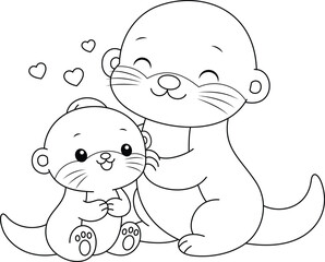 Cute kawaii otter and baby cartoon character coloring page vector illustration. Wild animal, mothers day colouring page for kids