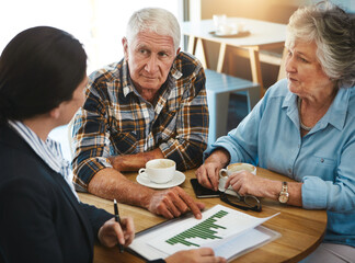 Senior couple, legal advisor and paperwork in meeting, profit growth and investment conversation...