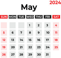 May 2024 monthly calendar design in clean look