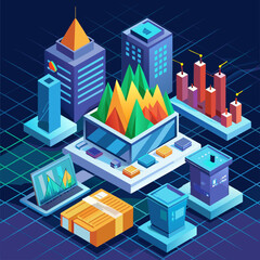 Virtual stock market trading floor. Digital finance and investment technology. Market analysis metaphor. Low poly vector illustration with 3D effect on financial district background.