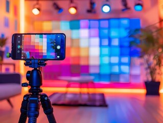 Content creator arranging a smartphone on a tripod in a brightly lit studio