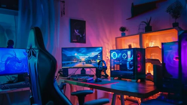 Explore an immersive gaming room setup with a computer, gaming chair, and video games. Perfect for showcasing gaming technology and providing a comfortable gaming experience at home. Ideal for gamers 