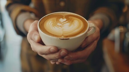 Creating Latte Art Male Hands Holding a Coffee Cup. Concept Coffee Photography