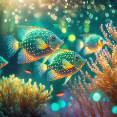 繊細なヒレを持つきらめく熱帯魚の群れが海の中をくるくると回り、虹色のサンゴが柔らかな光にきらめき、太陽が輝いています