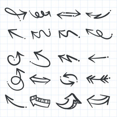 Set of 20 arrows drawn in a checkered notebook